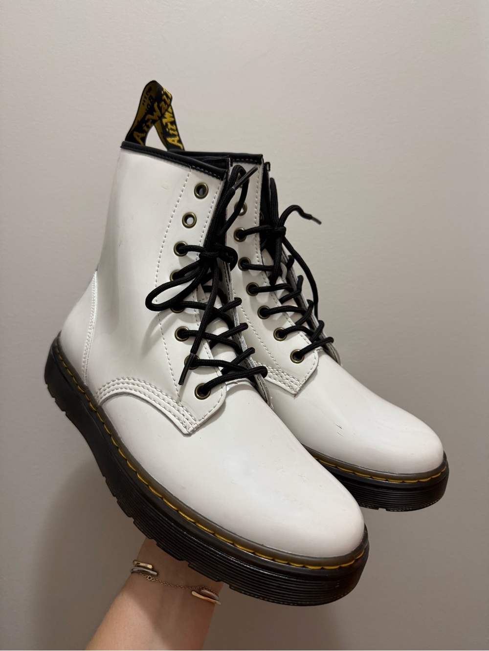Dr. Martens Zavala Combat Boots in White Patent Leather (Size 10)